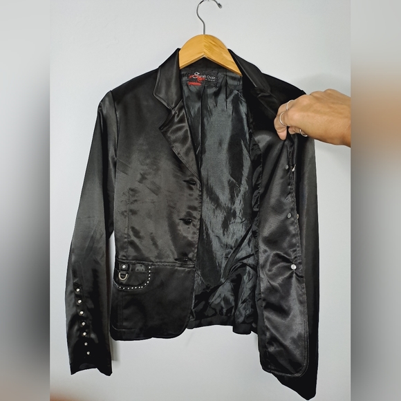 Jacket, black, rhinestones, jewel buttons, three buttons, shiny fabric - Picture 5 of 10